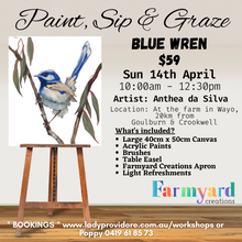 Load image into Gallery viewer, PAINT &amp; SIP - Blue Wren (Deposit) Sun 14th Apr 10:00am - 12:30pm
